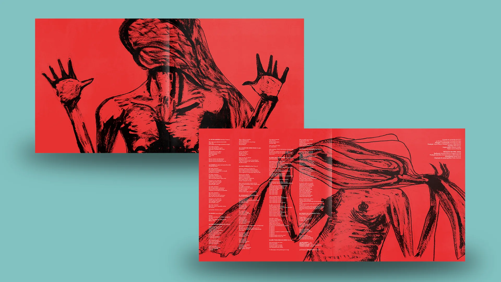 Encarte do vinil Encarnado de Juçara Marçal com letras e ilustrações expressionistas de Kiko Dinucci — Romaria Discos e Amigues do Vinil