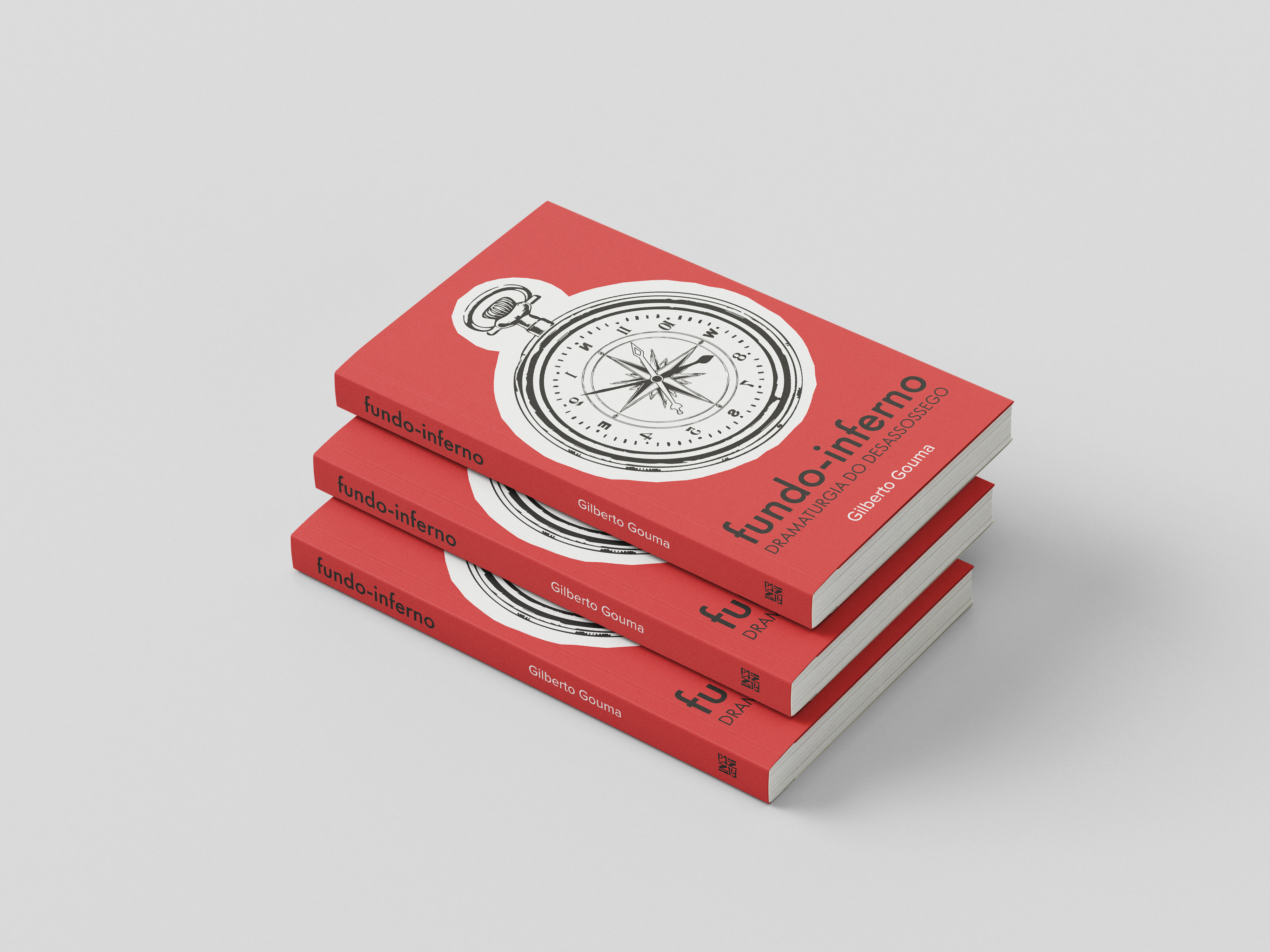 Capa de FUNDO-INFERNO com relógio bússola em vermelho vivo sobre fundo escuro