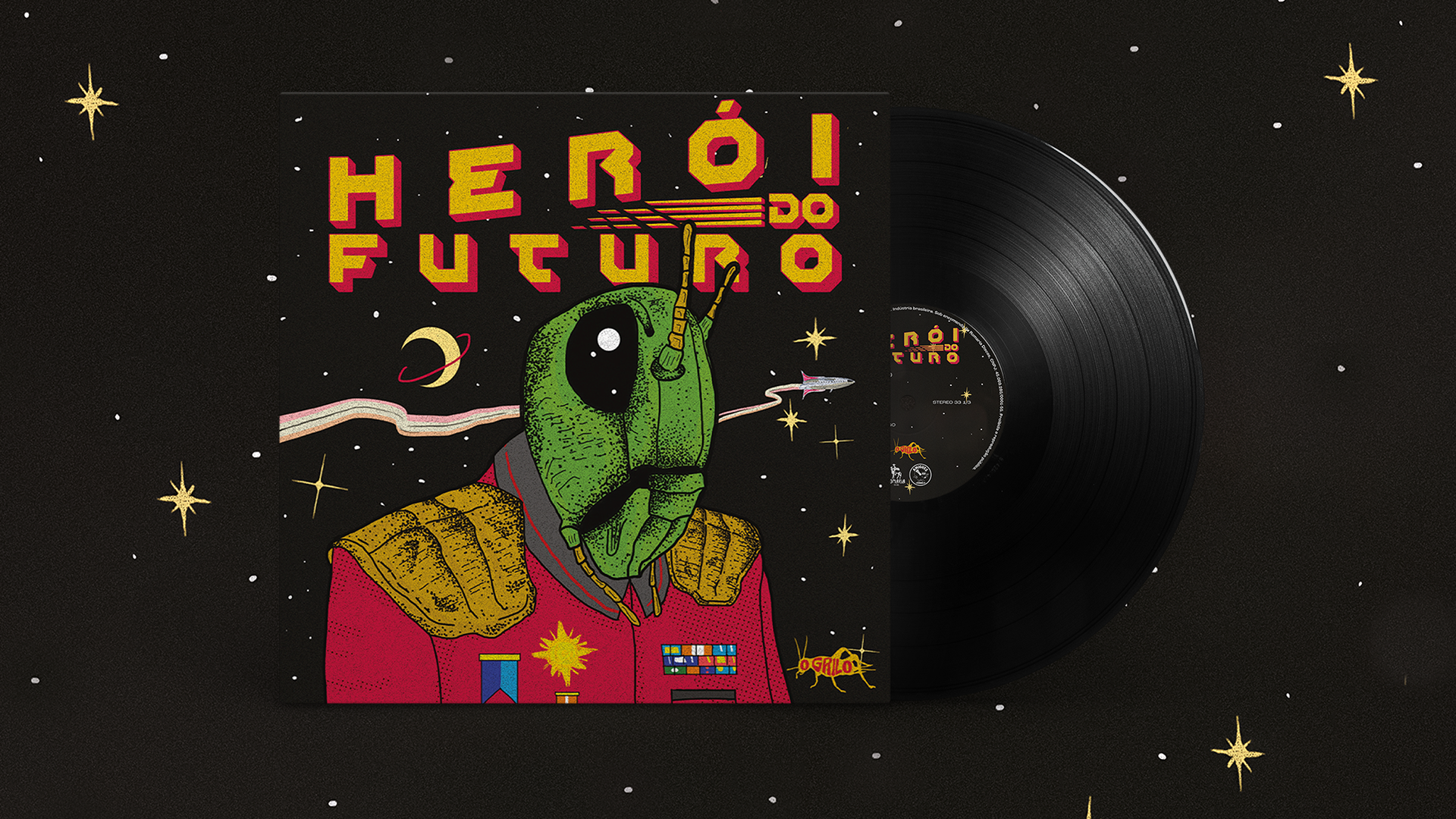 Capa do vinil Herói do Futuro da banda O Grilo — primeira edição em vinil com ilustração do grilo herói no espaço