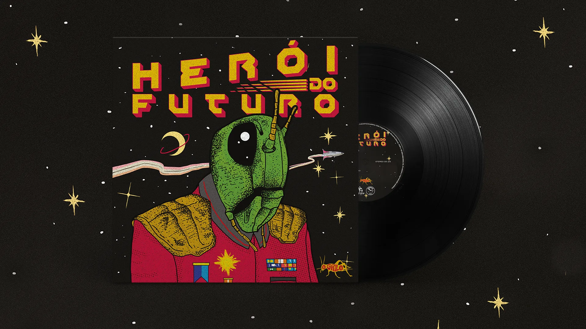 Capa do vinil Herói do Futuro da banda O Grilo — primeira edição em vinil com ilustração do grilo herói no espaço
