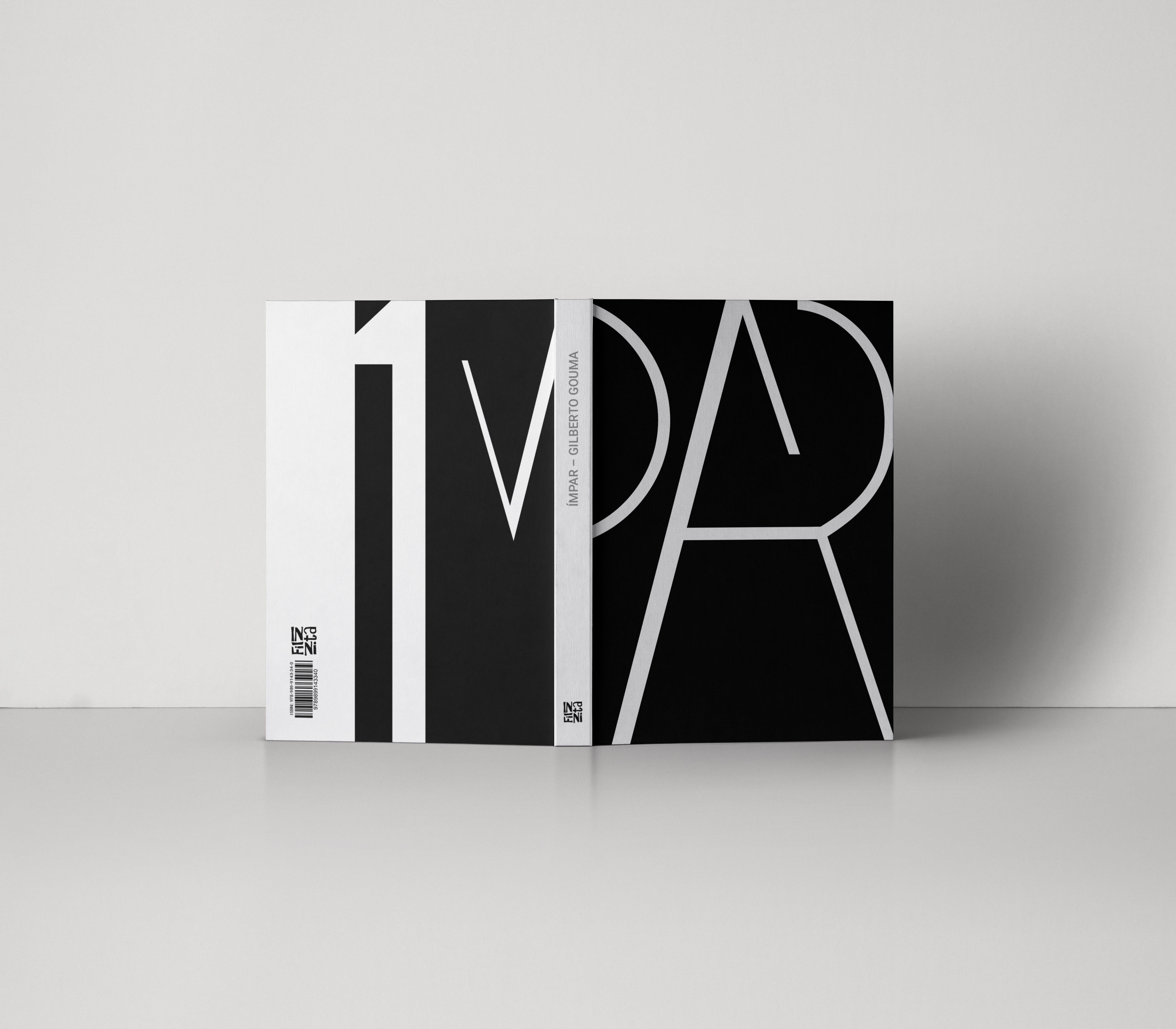 Capa e contracapa do livro ÍMPAR — tipografia monumental fragmentada em preto e branco