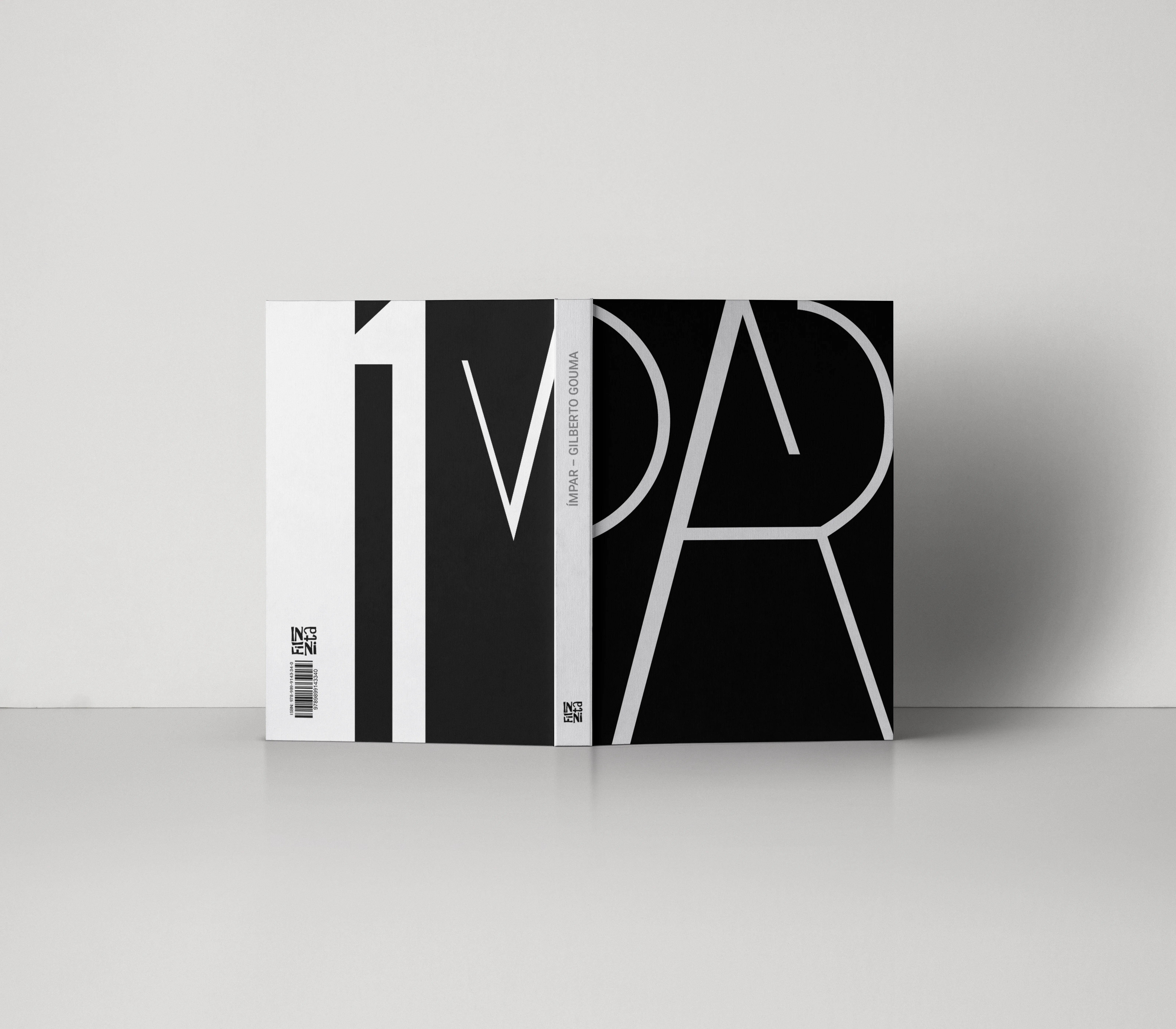 Capa e contracapa do livro ÍMPAR — tipografia monumental fragmentada em preto e branco