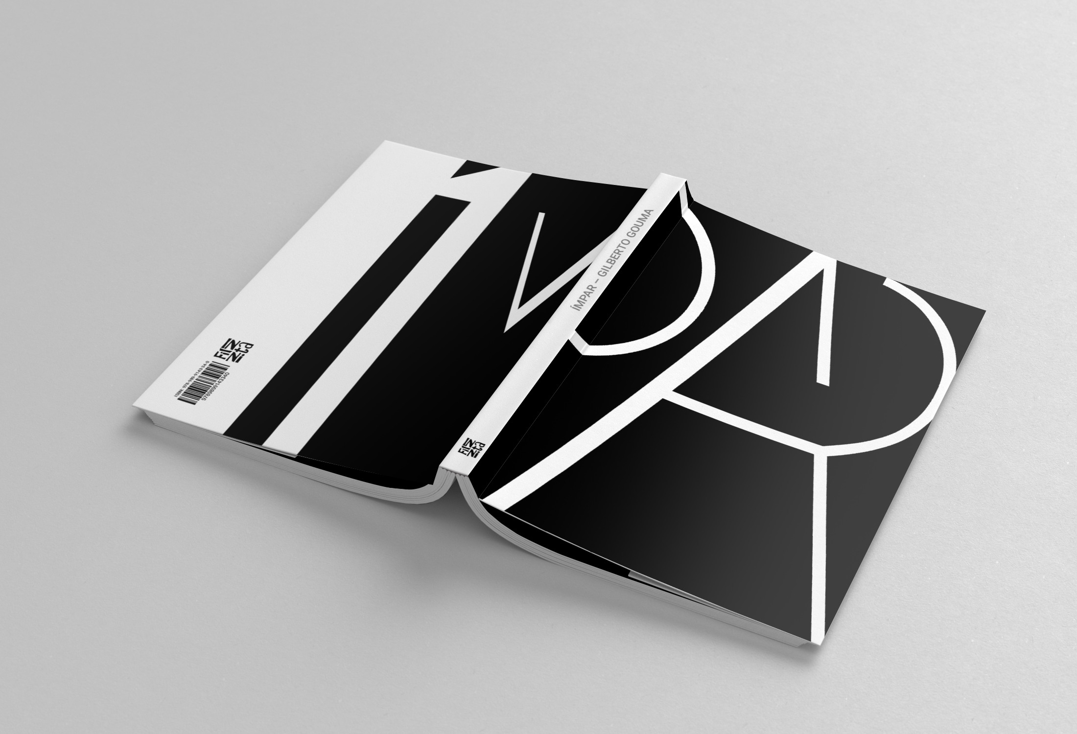 Spread do livro ÍMPAR — contraste absoluto entre preto e branco no projeto editorial