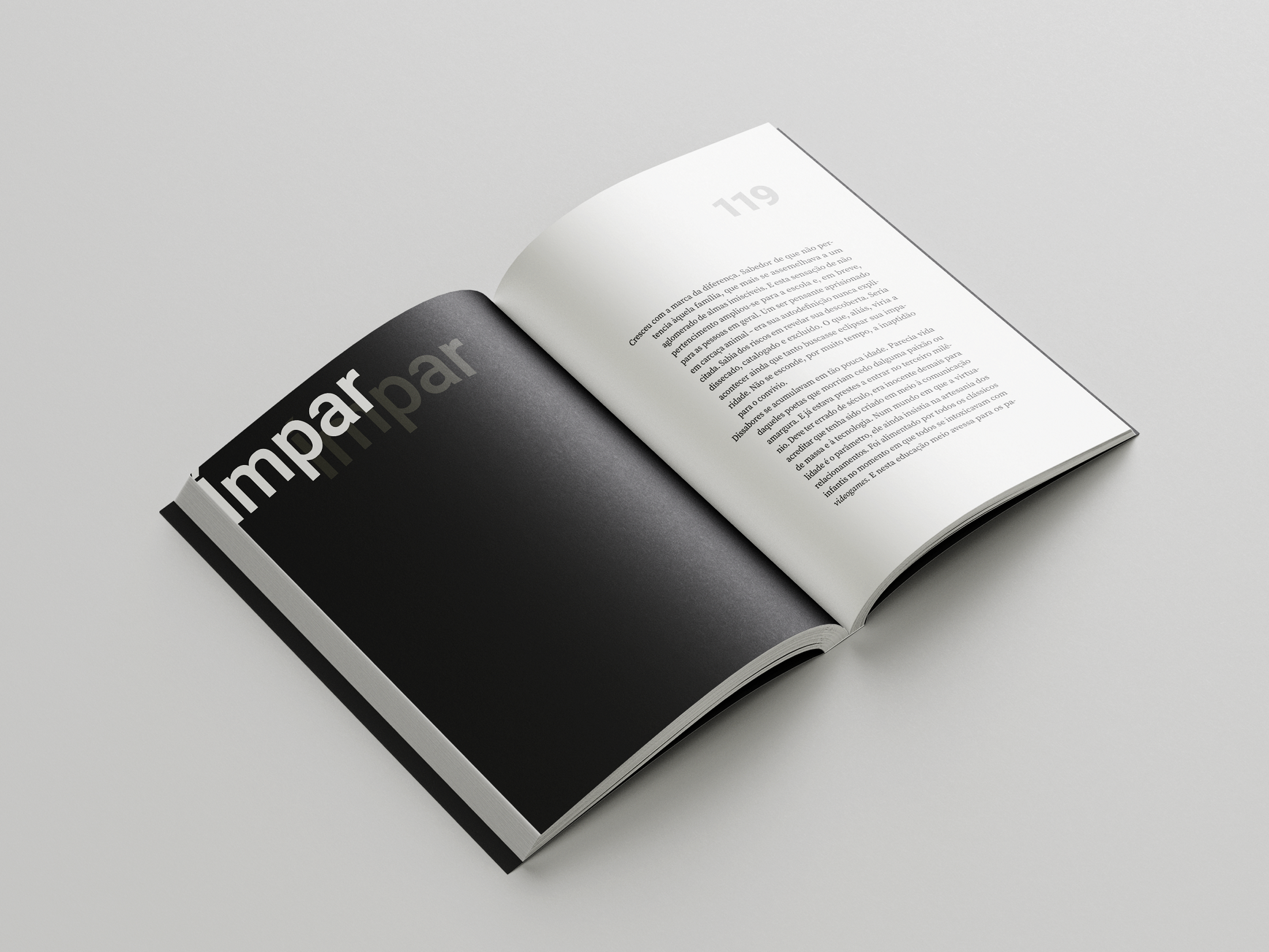 Vista aberta do livro ÍMPAR — composição gráfica de página dupla