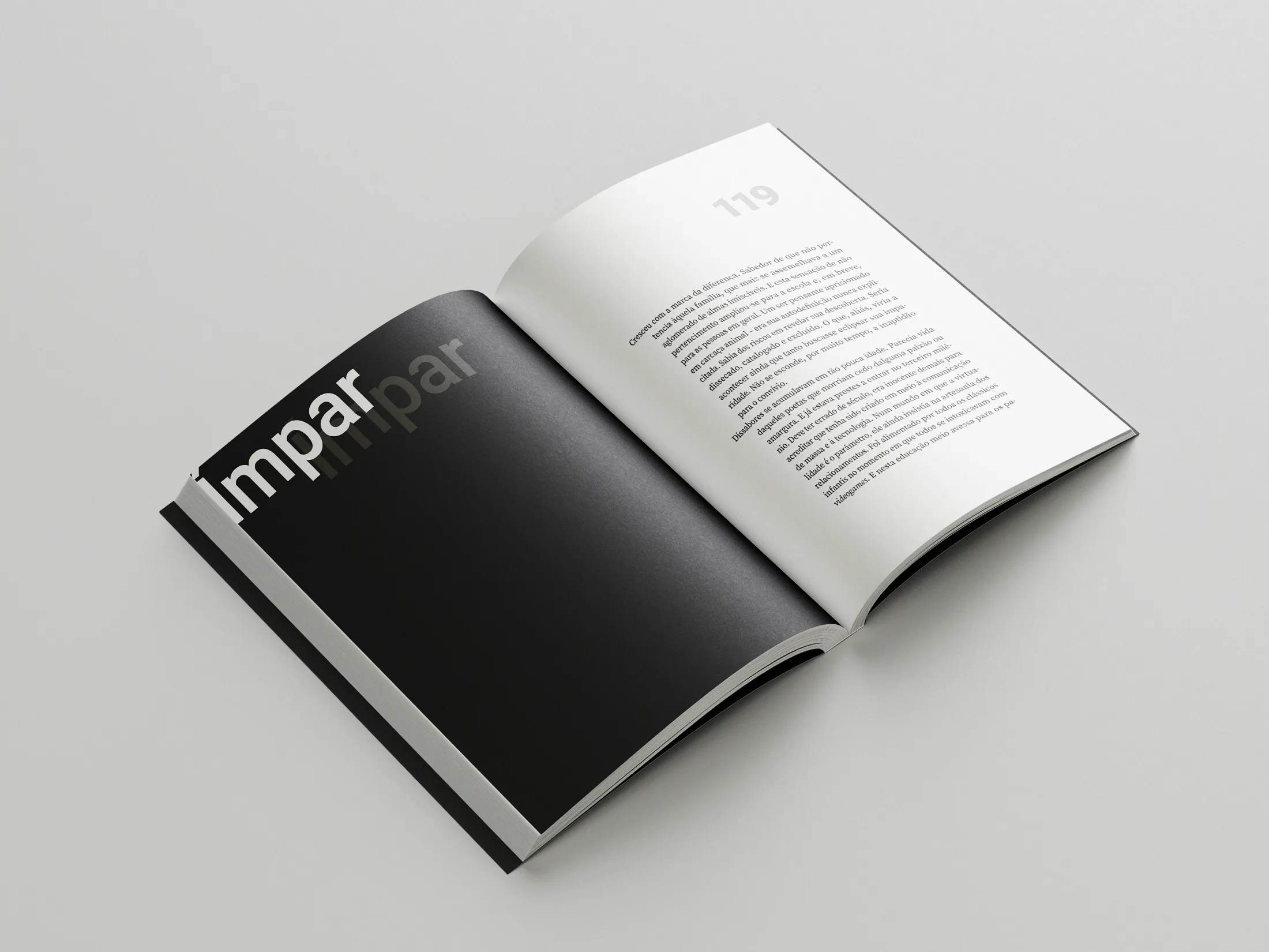 Vista aberta do livro ÍMPAR — composição gráfica de página dupla