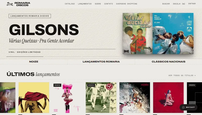 Home do novo site da Romaria Discos — tema autoral com identidade minimalista, tinta e papel, e grade de catálogo