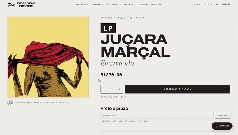 Página de produto da loja Romaria Discos com informações completas do disco — WooCommerce com tema autoral